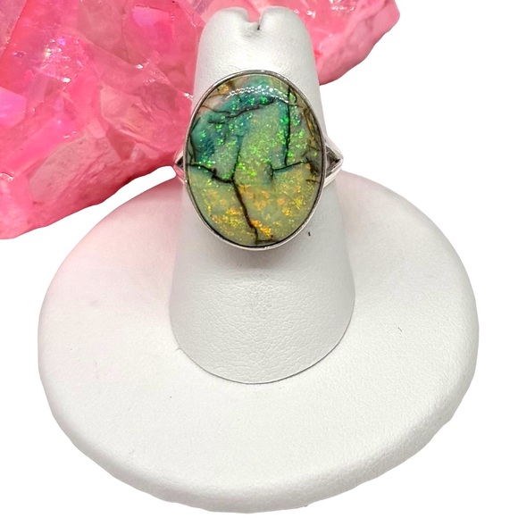 Hand Crafted Jewelry - Monarch Fire Opal Ring Size 7 Solid 925 Sterling Silver Oval Green Stone